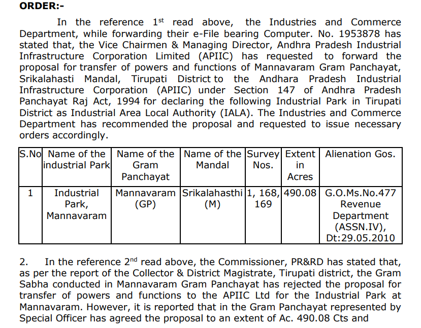 GreaterTirupati's tweet photo. Industrial Area Local Authority (IALA) – Transfer of Powers and functions
Mannavaram and Kalavagunta GP powers will be transfered to APIIC for Mannavaram Industrial Park.
with a revenue sharing ratio of 50 : 50 between the Gram Panchayat and APIIC.
#Tirupati #APIIC https://t.co/m78ytFEvTO
