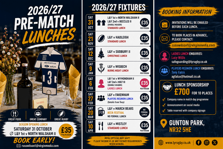 LYRUGBY's tweet photo. 2026/2027 Pre-Match Lunches #Pitchero
https://t.co/CMrjcQioRl https://t.co/nZXfSrSr4o