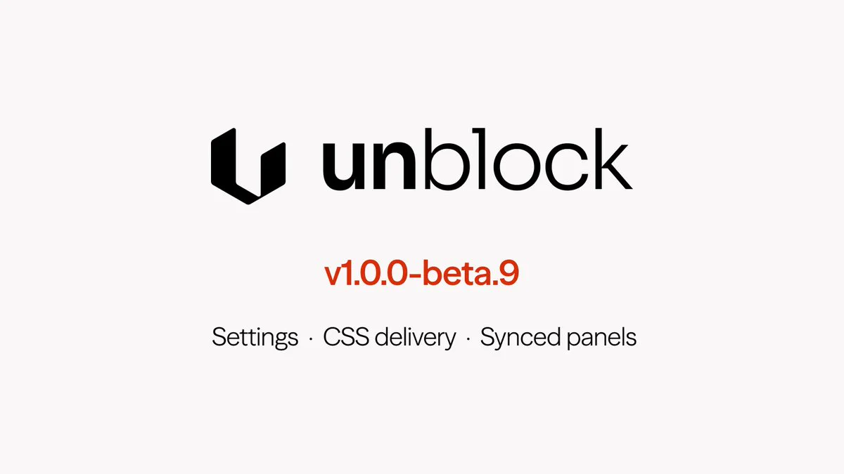 Unblock v1.0.0-beta.9 release card: Settings, CSS delivery, synced panels.