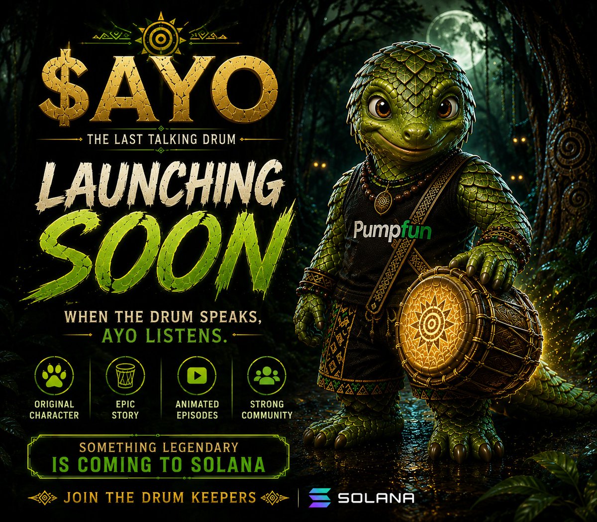Gemstone304's tweet photo. 🥁 LAUNCHING SOON!

Ayo is coming to Solana.

🐾 $AYO

THE LAST TALKING DRUM

An African-inspired animated mystery.

A young pangolin.
An ancient drum.
A forbidden forest.
A secret that should have stayed buried.

LAUNCHING SOON.

Follow the beat. 🌿🥁 https://t.co/qXnFqFmjBe