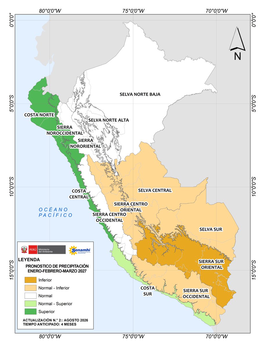 Senamhiperu's tweet photo. #Lluvias2027 #Senamhi #Minam En la costa norte y centro, y sierra noroccidental se esperan acumulados de lluvia por encima de lo normal para el verano 2026-2027, según el escenario probabilístico. 

🗺️ Revisa el detalle en el mapa 👇
https://t.co/deWpvNPc0M https://t.co/hkOEBgulOI
