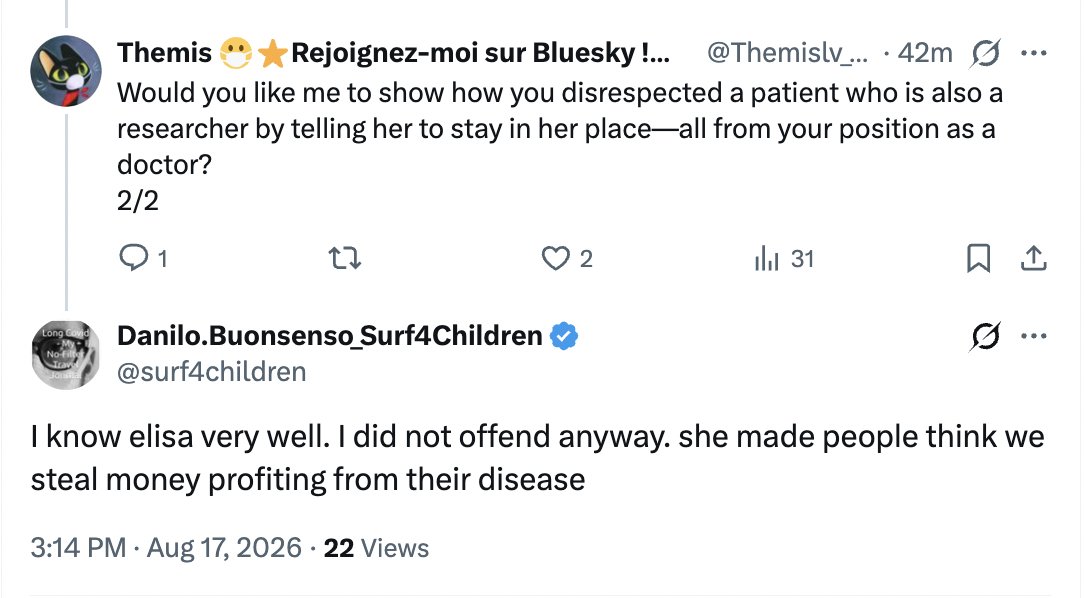Themislv_vls's tweet photo. This doctor shows contempt for patients by insisting, from his position of power, that they stay in their place, then posts a tweet complaining about them when they point out that behavior. 
He's even going so far as to defame a patient and researcher.
How can this be acceptable? https://t.co/f5wG1TMuQn