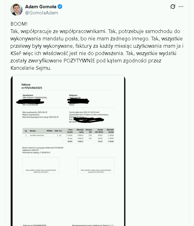 coolfonpl's tweet photo. Gomoła jest idiotą. 
Właśnie wsadził na minę karno-skarbową swoją narzeczoną. 
Podmiot nie zarejestrowany w VAT nie ma prawa wystawiać faktury VAT, inaczej łamie art. 62 kks https://t.co/vHOibf7Z1A