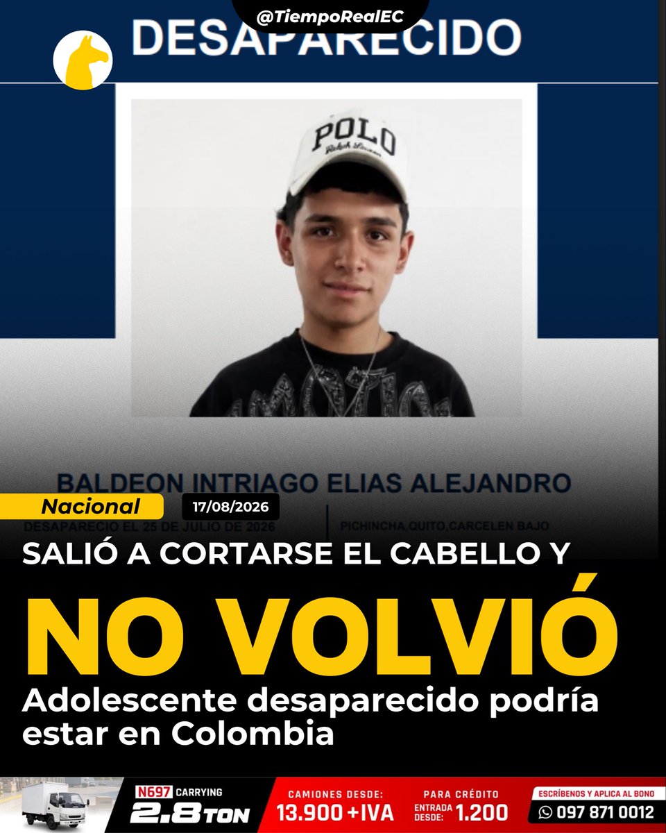 TiempoRealEC's tweet photo. 🚨 ELÍAS SALIÓ A CORTARSE EL CABELLO Y DESAPARECIÓ EN EL NORTE DE QUITO.

🔎 Elías Baldeón, de 14 años, lleva más de tres semanas desaparecido. El adolescente fue visto por última vez el 25 de julio de 2026, en el sector de Carcelén Bajo, norte de Quito, y su familia pide a las autoridades intensificar la búsqueda.

💈 Según relató su madre, Carla, a Teleamazonas, Elías salió de su vivienda para acudir a una barbería del sector. Le indicó que avisaría cuando terminara para que ella pudiera realizar la transferencia correspondiente al barbero.

📱 Sin embargo, después de ese momento comenzó la incertidumbre. Su madre contó que recibió un mensaje en el que Elías le dijo: “Mamá, ya estoy bajando a casa”, pero ella no se encontraba en el domicilio en ese instante.

⚠️ La familia ha reconstruido sus últimos movimientos y encontró información que genera preocupación. Según el testimonio de su madre, personas cercanas le indicaron que Elías habría llegado hasta el Terminal Terrestre de Carcelén, acompañado por otra persona, y que presuntamente tenía la intención de viajar hacia Colombia con alguien cuya identidad todavía se desconoce.

❗ La madre también señaló que inicialmente recibió información de que el adolescente habría pedido refugio a un amigo después de perder su teléfono celular. Posteriormente, el 28 de julio, perdió completamente el contacto con él.

👕 Al momento de su desaparición, Elías vestía pantalón negro rasgado y zapatillas deportivas Jordan. Tiene contextura delgada, ojos café, cabello negro, mide aproximadamente 1,68 metros y pesa cerca de 120 libras.

💔 “Es un niño de 14 años, fácil de manipular y convencer. Cualquiera le pudo haber ofrecido cosas”, expresó su madre, quien pide que se investigue cada uno de los movimientos del menor y las personas que pudieron haber tenido contacto con él.

🚨 La desaparición permanece bajo investigación. Cualquier información que permita establecer el paradero de Elías debe ser comunicada inmediatamente a las autoridades competentes. La familia insiste en que cada hora es fundamental para encontrarlo.

#ElíasBaldeón #Desaparecidos #Quito #Carcelén #Pichincha #Ecuador #PersonasDesaparecidas #TiempoRealPlus #VivimosHistorias
