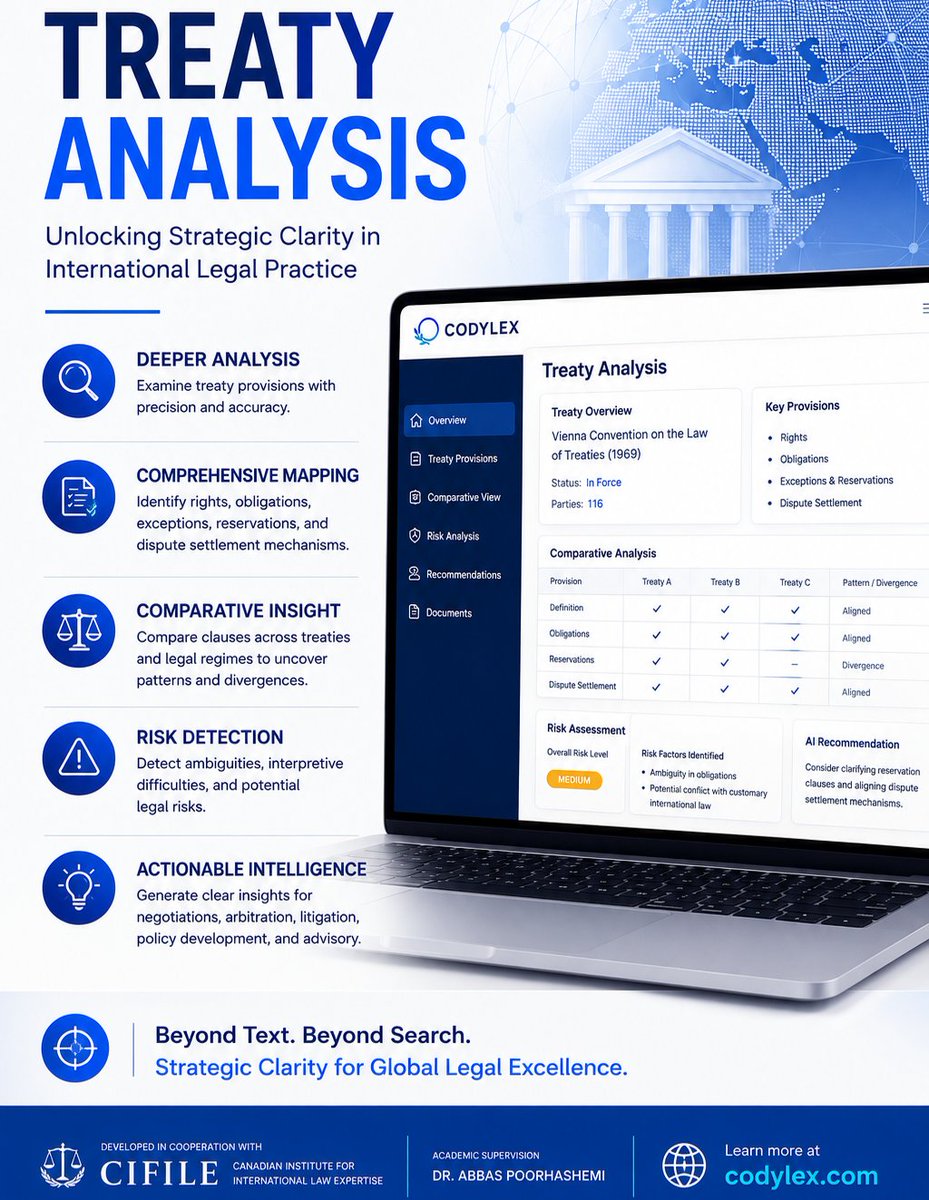 Codylexx's tweet photo. Treaty Analysis: Unlocking Strategic Clarity in International Legal Practice

International treaties underpin global governance, commercial relations, human rights frameworks and cross-border cooperation. 
#CIFILE #Codylex #InternationalLaw #AbbasPoorhashemi #Arbitration https://t.co/7wof4Hpui2