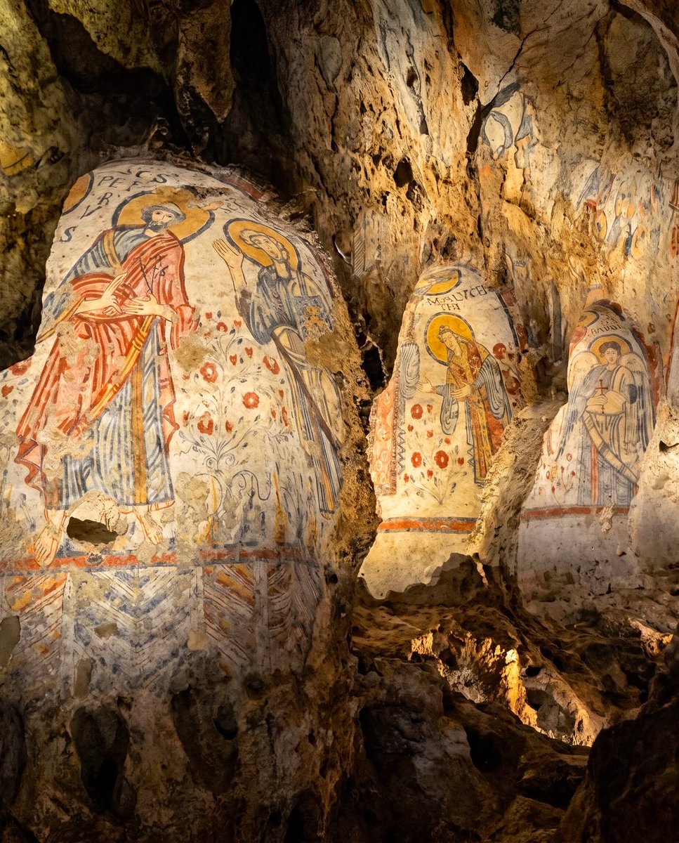 XMinaShohdy's tweet photo. Shepherds kept their sheep in this cave for generations. None of them ever looked up.

The walls above them were covered the whole time, biblical frescoes painted by an anonymous 8th-9th century artist known only as "the Painter of Flowers of Matera." He worked alone, in the dark, on a cave wall nobody important was ever going to see, painting Adam and Eve, the Creation, the Apostles gathered in careful rows, with such quiet skill that centuries later scholars would nickname it the "Sistine Chapel of Rupestrian Art."

Then the world simply forgot it existed. The cave became a barn. Sheep grazed under a masterpiece for generations, and not one shepherd ever thought to look up.

It sat there until 1963, when a group of local youths wandered in and found it by accident.

A masterpiece, mistaken for a barn.

📍Matera, Basilicata, Italy 🇮🇹