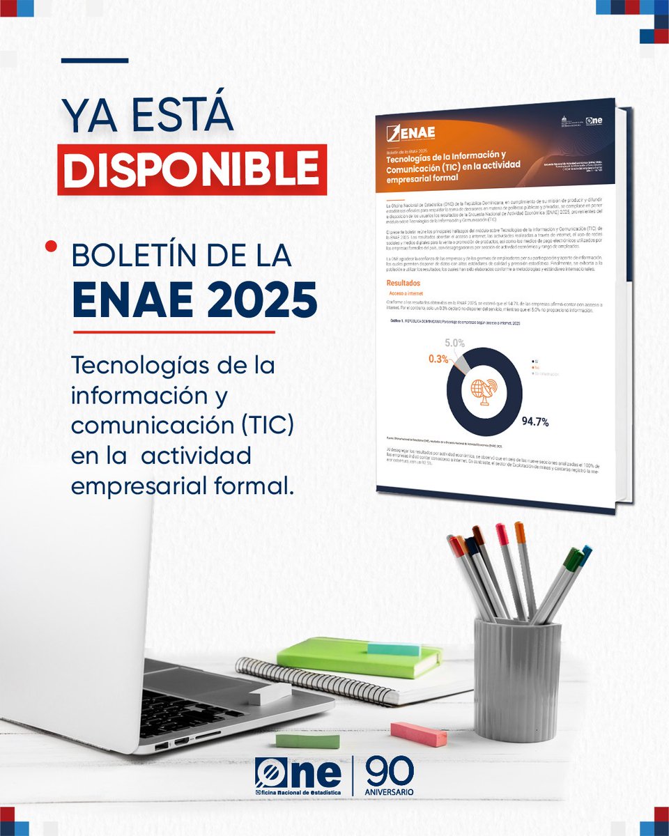 ONERD_'s tweet photo. 💻Ya está disponible el Boletín de la ENAE 2025: Tecnologías de la Información y la Comunicación (TIC) en la actividad empresarial formal.

📥 Descarga el boletín completo aquí: https://t.co/yAwVG7APOm 

#ONERD #ENAE2025 #DatosQueTransforman #TIC https://t.co/E4nhZBESAX