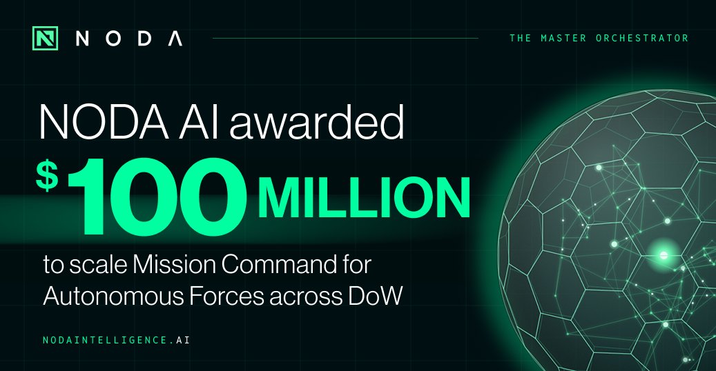 NODA_AI_atx's tweet photo. The U.S. @DeptofWar has awarded NODA AI $100M to scale Mission Command for Autonomous Systems across the Joint Force.

A coordinated fleet isn't enough. What makes a multinational autonomous force decisive is a single commander's intent, executed across every platform, every vendor, every domain, when the network is gone.

That's what we built. It's a completely new way of fighting wars. 

https://t.co/LFfTyS2jGp