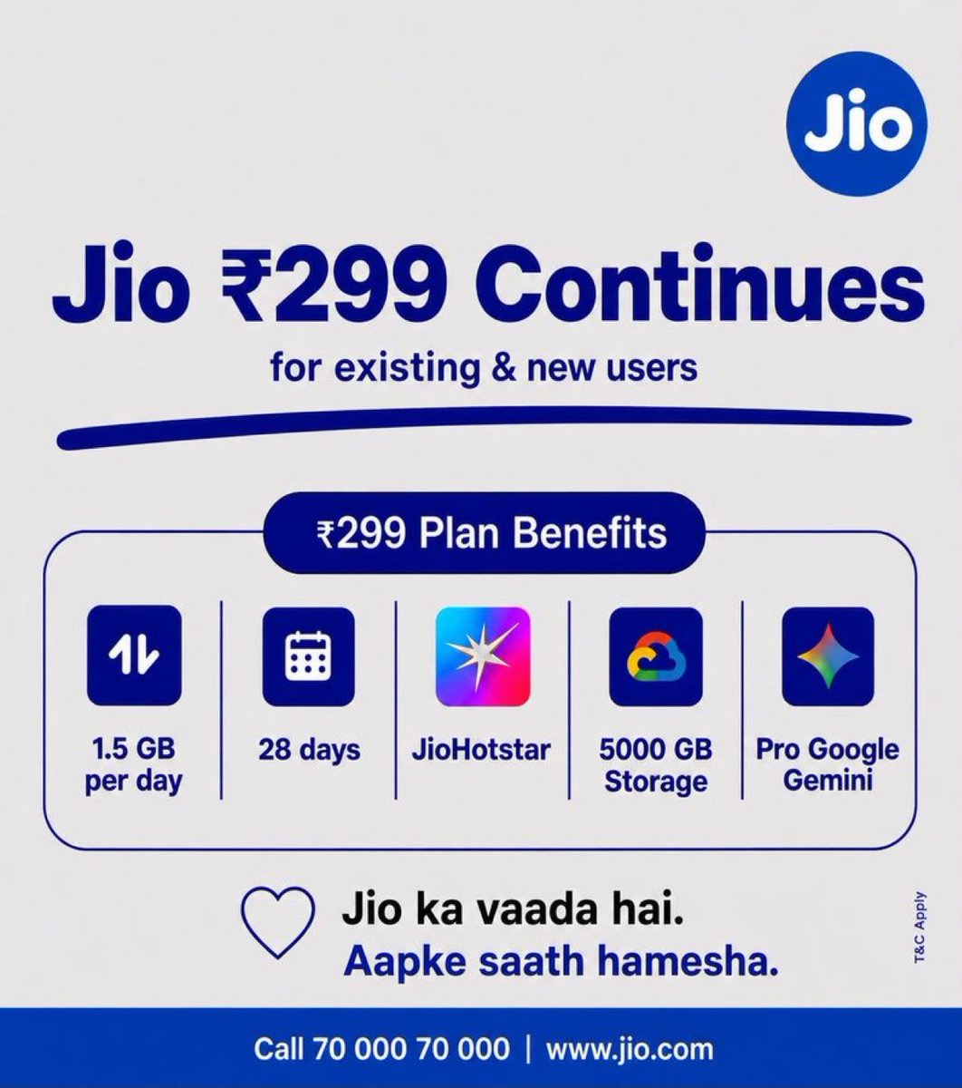 yabhishekhd's tweet photo. Jio introduces Jio Prime again, which costs ₹300. This means mobile tariffs will get a price hike in the next 3-4 months for sure.

Recharging with ₹3,599 now is a clearly better deal than purchasing the Prime subscription, as this recharge will be added to the queue and activate only when your current plan expires.

Jio Prime membership benefits:
- Valid till 7 September 2027 (you can lock current recharge plans till 7 Sept 2027 to avoid mobile tariff hikes)
- ₹300 cashback voucher on new Jio SIM purchase if your family or friend purchases one
- ₹300 cashback voucher on new Jio Home or Jio PC
- ₹299 is the cheapest Prime plan with 1.5GB/day data for 28 days, including JioHotstar, 5TB Google Cloud storage and Gemini Pro subscription

Paying ₹300 in advance means the price is hiked by 8% 😜