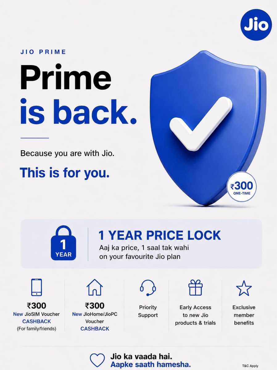 yabhishekhd's tweet photo. Jio introduces Jio Prime again, which costs ₹300. This means mobile tariffs will get a price hike in the next 3-4 months for sure.

Recharging with ₹3,599 now is a clearly better deal than purchasing the Prime subscription, as this recharge will be added to the queue and activate only when your current plan expires.

Jio Prime membership benefits:
- Valid till 7 September 2027 (you can lock current recharge plans till 7 Sept 2027 to avoid mobile tariff hikes)
- ₹300 cashback voucher on new Jio SIM purchase if your family or friend purchases one
- ₹300 cashback voucher on new Jio Home or Jio PC
- ₹299 is the cheapest Prime plan with 1.5GB/day data for 28 days, including JioHotstar, 5TB Google Cloud storage and Gemini Pro subscription

Paying ₹300 in advance means the price is hiked by 8% 😜