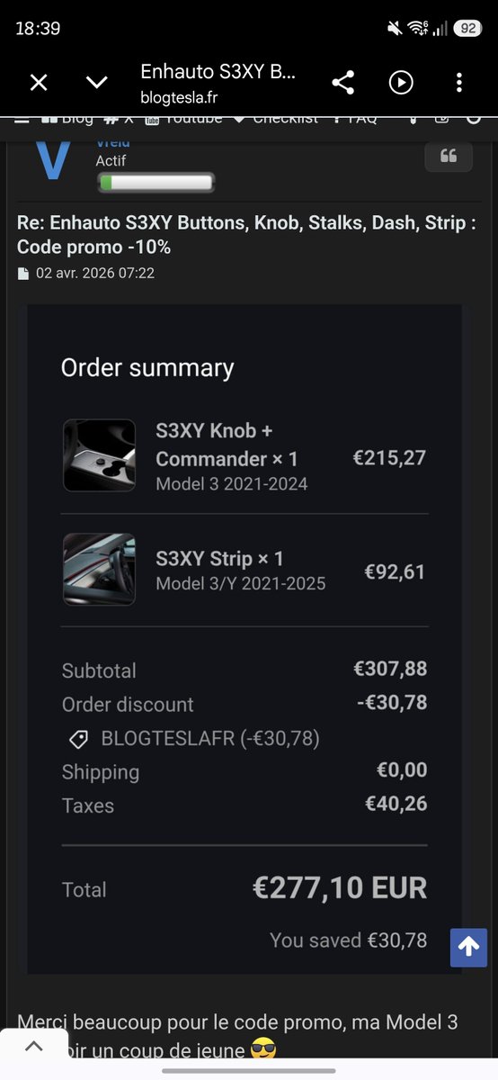Jivais_'s tweet photo. @BlogTeslaFr Le knob + commander  était proposé à 260€ hors promo ( je le sais car je scuttais sans cesse à l'époque où je souhaitais acheter. Mais voici un exemple pour la même commande aujourd'hui . https://t.co/GQaTSbv5Ks