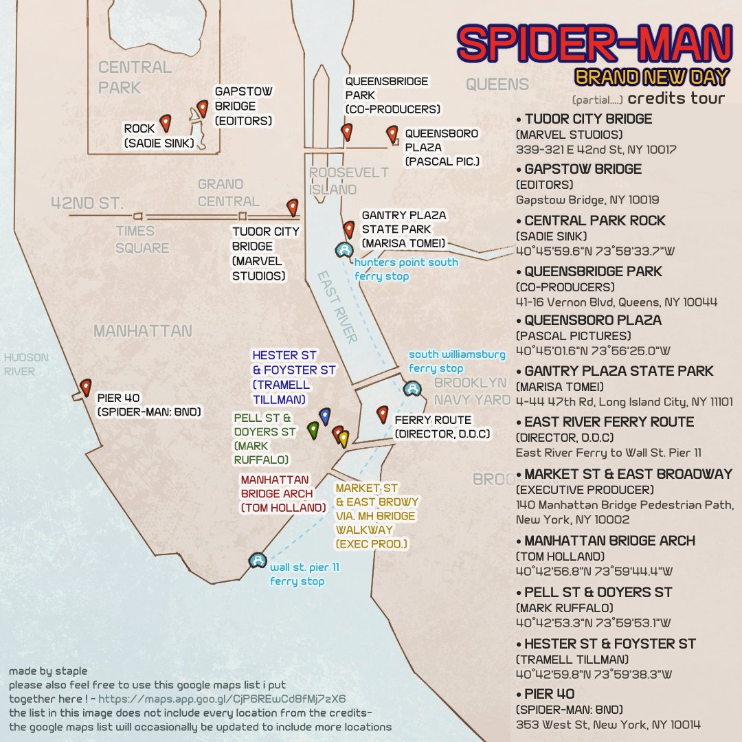 staplewings's tweet photo. here is the map of the credits locations in this tour by itself 🕷️🕸️this isn't every spot featured in the credits, but it is a good chunk of them !

 there is a google maps list 🔗 at the bottom left or see replies for it too -> #spiderman  #SpiderManBrandNewDay https://t.co/NG6X1Z1RnB