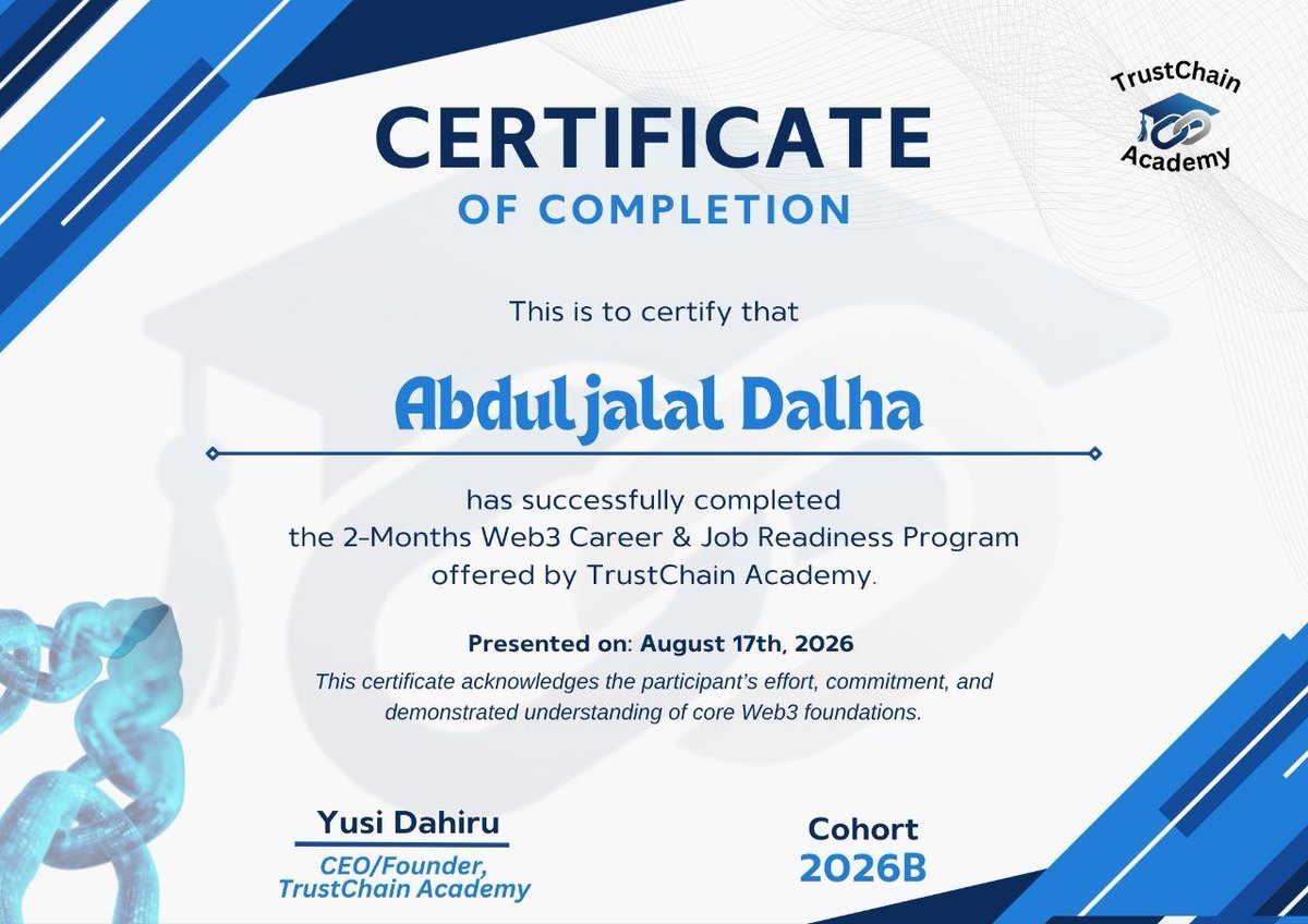 dgm_creatix's tweet photo. Alhamdulillah. 🎉

Another milestone unlocked.

I’ve officially completed the 2-Month Web3 Career & Job Readiness Program at @TrustChain0 Cohort 2026B.

But this certificate isn’t the destination.

It’s proof that I’m putting in the work to understand the technology, build real skills, and position myself for opportunities in the Web3 space.

From Graphic Design → Content → Web3.

The journey is getting deeper.

Learning. Building. Connecting. Shipping.

The next chapter starts now.

Bismillah. 🦾

#Web3 #Blockchain #Web3Career #BuildInPublic