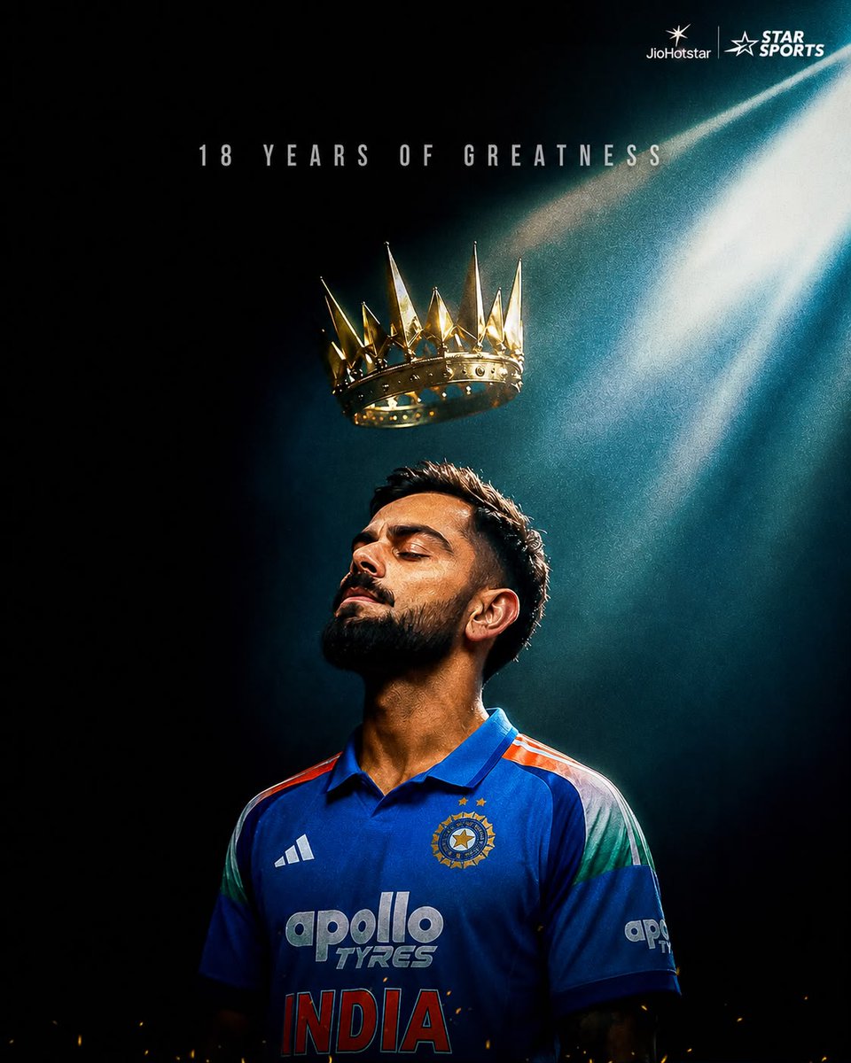 StarSportsKan's tweet photo. 𝟏𝟖 𝙔𝙀𝘼𝙍𝙎. 𝙊𝙉𝙀 𝙆𝙄𝙉𝙂. 👑

#ViratKohli #VK18 #18yearsofVK https://t.co/LZAXQDgbPx