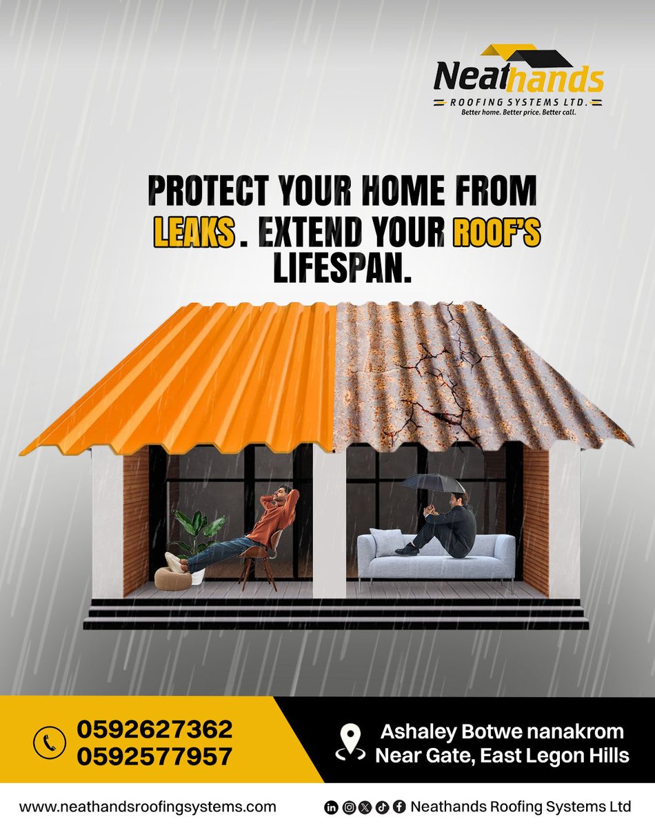 neathandsroofin's tweet photo. A good roof doesn’t just complete your home; it protects everything beneath it.

Don’t wait for leaks, rust and damage to remind you of what your roof is worth. Choose quality roofing sheets designed to give your home the protection it deserves

#ghanaabrewa https://t.co/5IVeFU7hVM