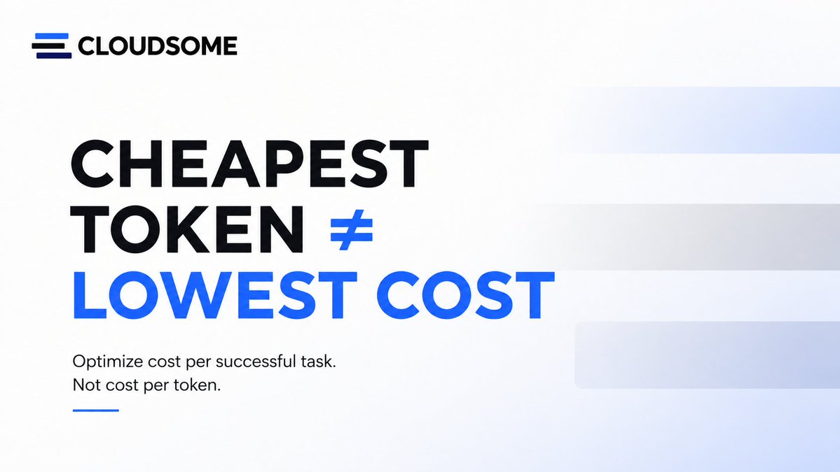 CloudsomeAIHQ's tweet photo. The cheapest model isn’t always the cheapest request.

Price per token ignores:

🔹Retries
🔹Longer outputs
🔹Failed calls
🔹Cache behavior
🔹Engineering overhead

The metric that matters is total cost per successful task—not the cheapest input token.

🌐 https://t.co/wtlWxKaXc4