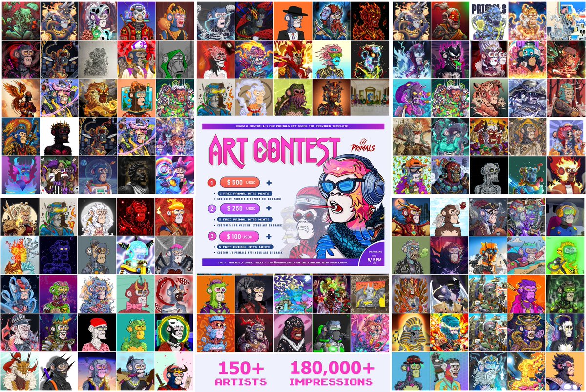 PrimalsNFTx's tweet photo. The Primals Art Contest brought in some AMAZING artists and submissions! 

Voting starts TOMORROW! Check announcements in the Primals NFT discord for the timeline and rules! 
Spoiler: THE TOP 20 GET ADDED TO THE COLLECTION! https://t.co/AicYSZGP9h