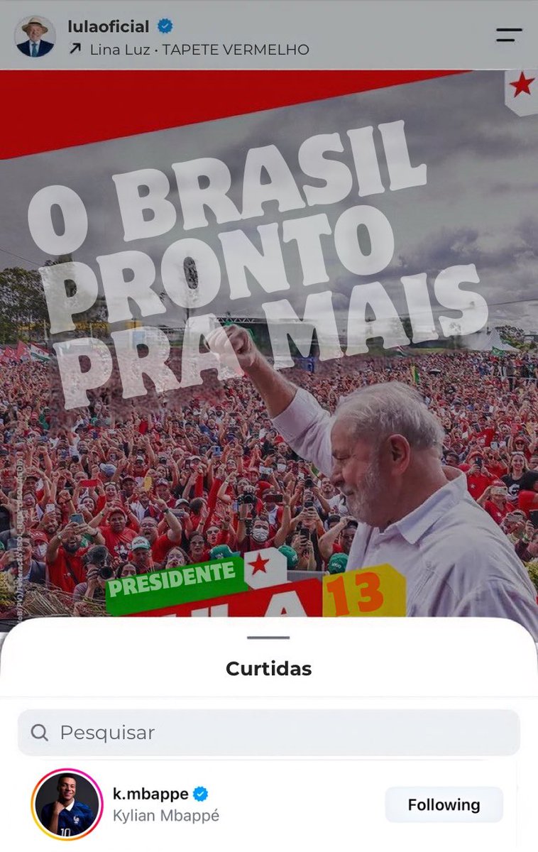 acervokmbappe's tweet photo. 🚨 GENTE? Kylian Mbappé curtiu uma publicação de Lula sobre sua candidatura à reeleição para a Presidência da República. https://t.co/EZYYbkvj4k