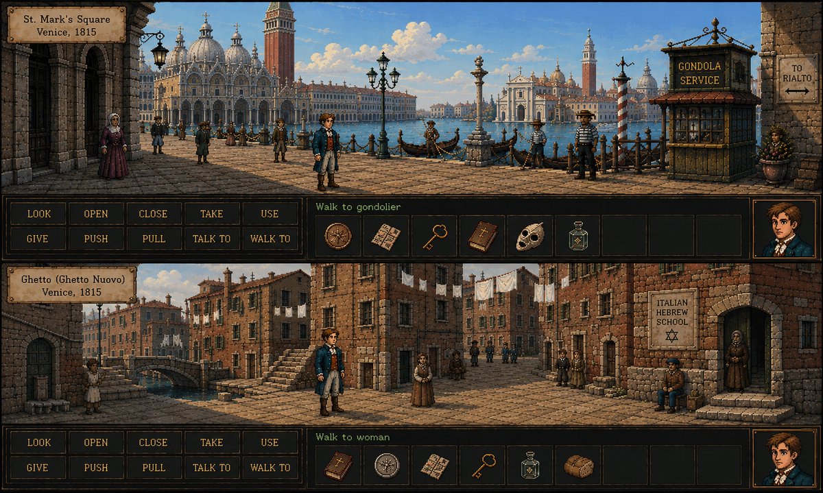 pkhorenyan's tweet photo. Couple of concept art stills for a pixel art adventure game I've been thinking about.
It's set in Venice circa 1815. 
Working title - Death In Venice.

What do you guys think? https://t.co/Yja5psKmFo