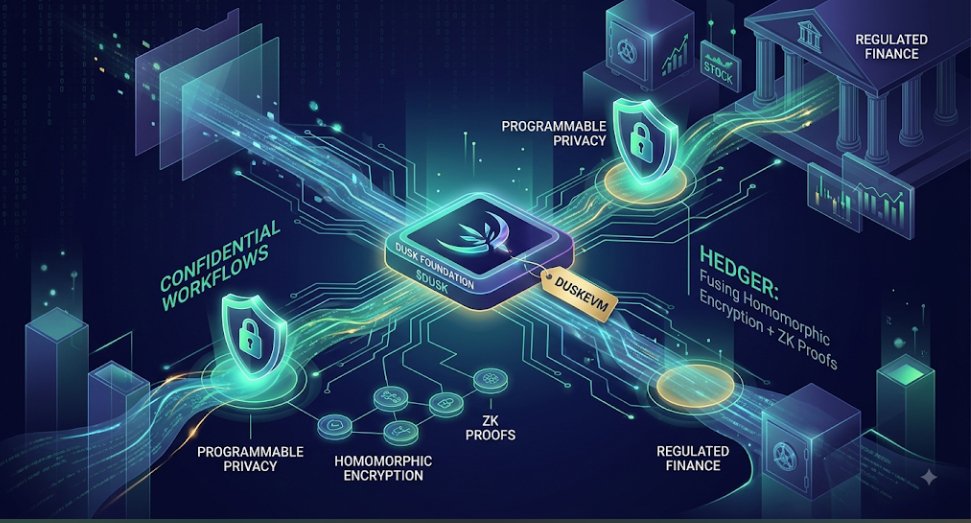 WKAlphaa's tweet photo. @DuskFoundation enables programmable privacy on DuskEVM — confidential workflows with Hedger (homomorphic encryption + ZK proofs) built for regulated finance. $DUSK #dusk https://t.co/3q9y7GUswH