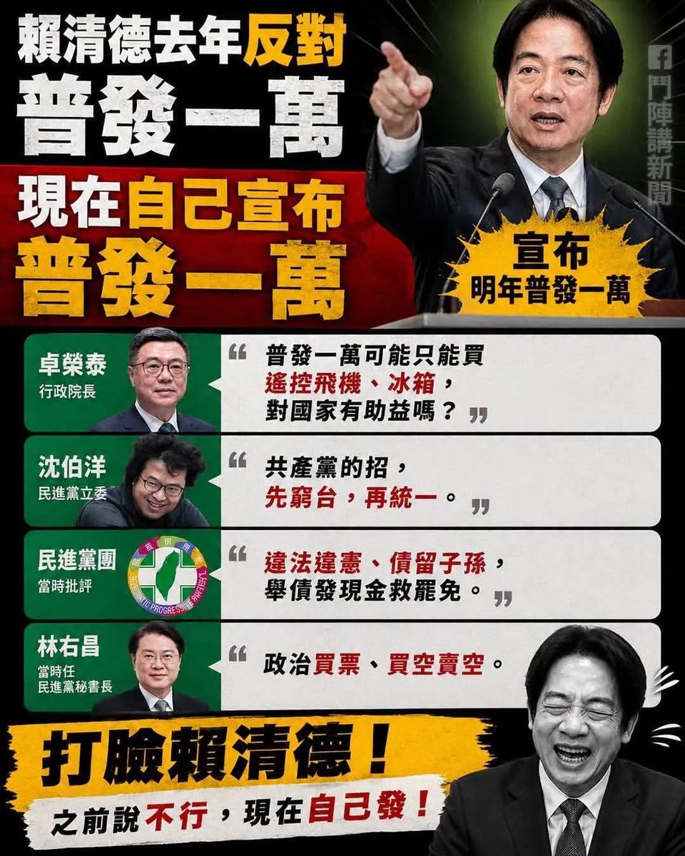 JohnnyLee098's tweet photo. @whyyoutouzhele 民進黨普發一萬元是民主，在野黨提案普發一萬就是先窮台再統一，民進黨把雙標和獨裁玩的爐火純青！ https://t.co/c4XNsUrPwt