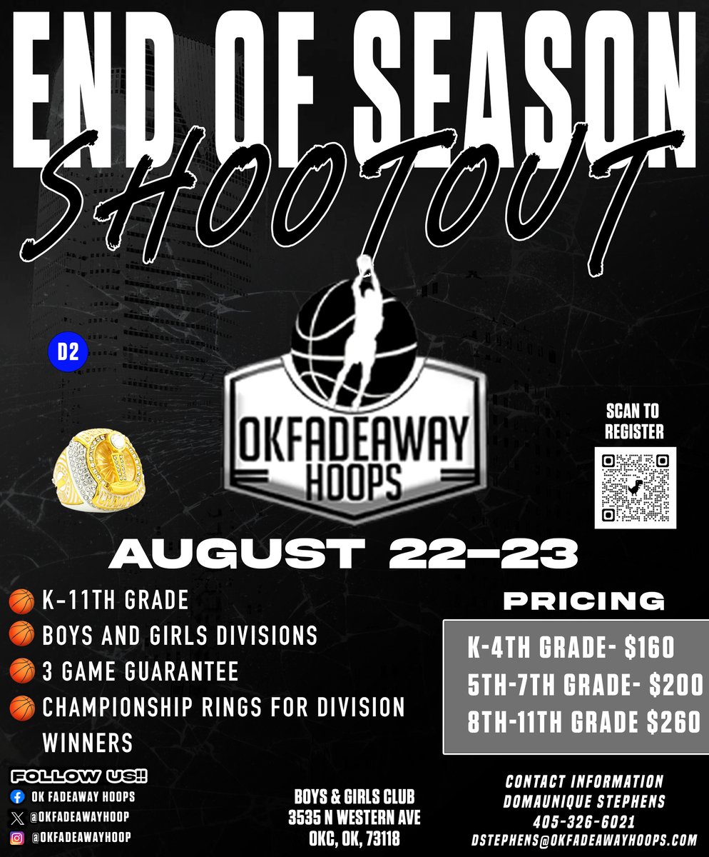 OKFadeawayhoops's tweet photo. 🏀 FINAL CALL!

Registration closes TODAY for Summer Appreciation.

📅 Aug. 21–22
📍 Oklahoma City
🏀 D2 Competition
🔥 3 Game Guarantee
🏆 Championship Rings

Finish the summer competing.

📲 https://t.co/brBtRHUpXP

#OKFadeawayHoops https://t.co/Ie1E2Rm998
