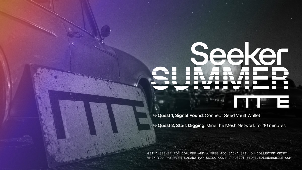 solanamobile's tweet photo. Seeker Summer cruises into Round 4 ☀️

Seek rewards with MINE by @OfflineProtocol  ⛏️

The first Seeker Summer R4 Quests:
↳ Signal Found: Connect Seed Vault Wallet
↳ Start Digging: Mine the Mesh Network for 10 minutes

Live now in the Solana dApp Store. https://t.co/ut8MOCMnhX