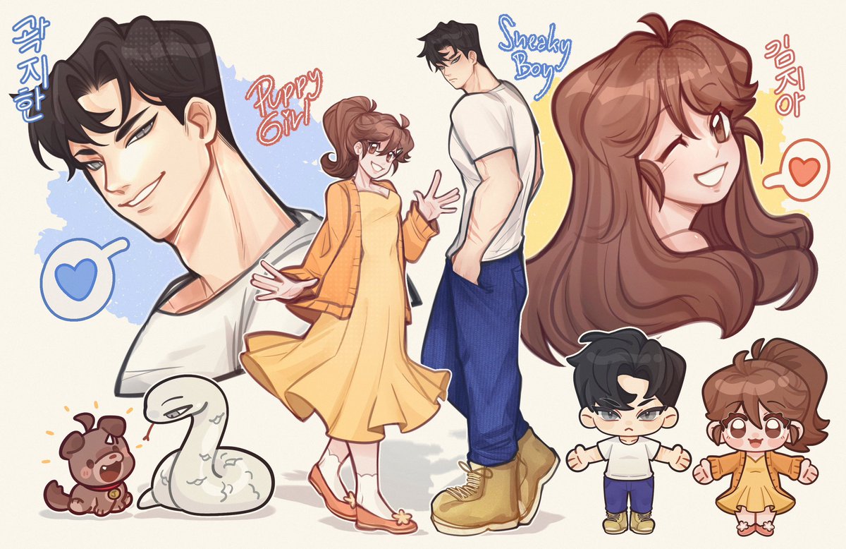 kumamoki's tweet photo. ⚠️ This is just my Ocxcanon timeline and has nothing to do with the main story. ⚠️

Puppy Girl 🐶 &amp; Sneaky Boy 🐍 They've grown up!

#lookismfanart #lookismoc #oc #외모지상주의 #Ocxcanon https://t.co/5sROQjgOp1