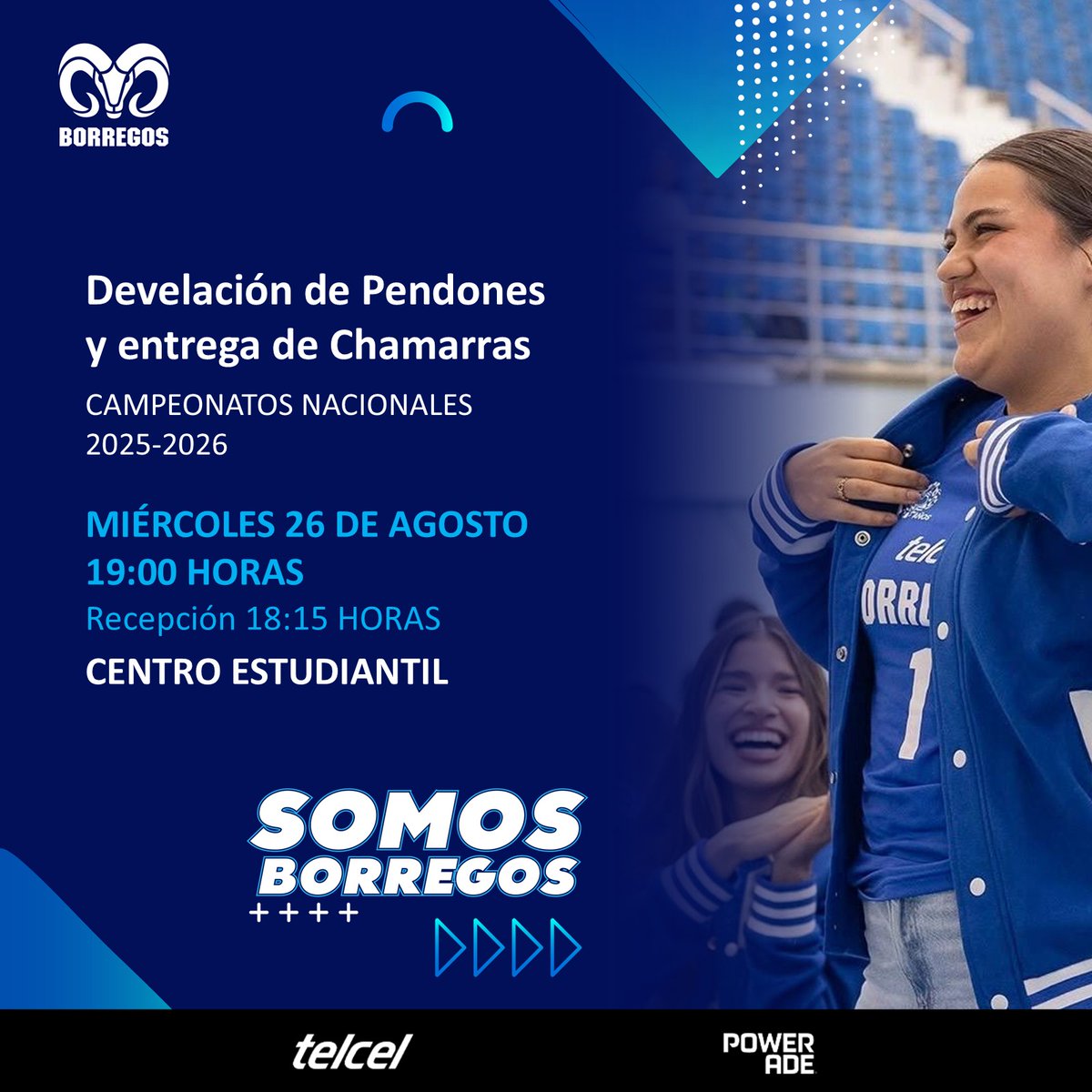BorregosQRO's tweet photo. 🐏🏆 Celebremos los grandes logros de la temporada anterior y vivamos juntos la Develación de Pendones y Entrega de Chamarras. 🎉🏆

📅 Miércoles 26 de agosto
📍 Centro Estudiantil del campus
🕕 Recepción: 18:15 h
🏆 Inicio: 19:00 h

#BorregosQRO #OrgulloBorrego #Campeones https://t.co/zyWiTwOAB8
