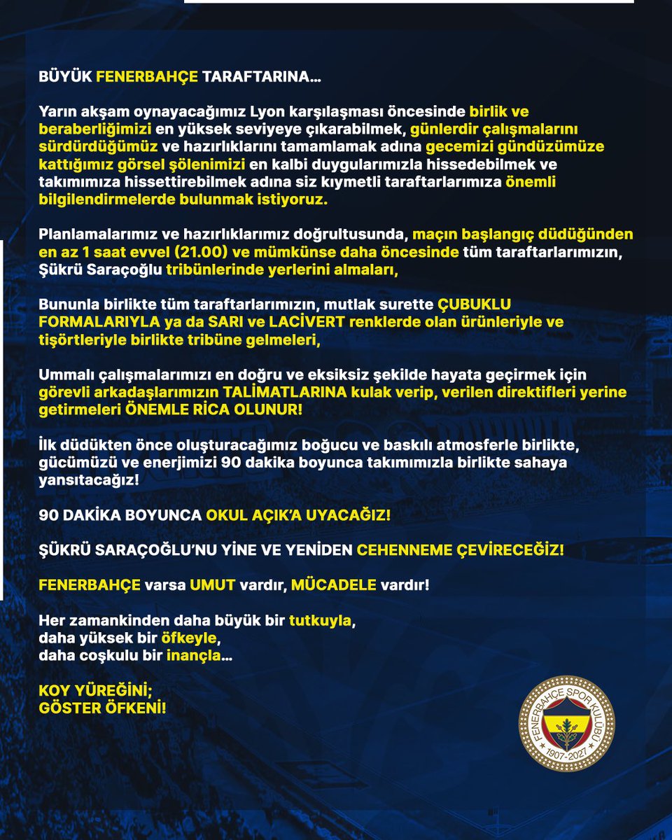 gencfborg's tweet photo. Yarın akşam Şükrü Saracoğlu’nda yer alacak olan tüm taraftarlarımızın, hazırlıklarını sürdürdüğümüz görsel çalışmalarımızın eksiksiz bir şekilde tamamlanabilmesi adına bu bildiride yer alan duyurularımızı harfiyen yerine getirmesi önemle rica olunur.

90 dakika boyunca #KoyYüreğini!

#GençFenerbahçeliler
