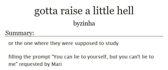 MilevenFics's tweet photo. ⊹ ࣪ ˖ gotta raise a little hell ⊹ ࣪ ˖
by byzinha

Oneshot, 895 words
PostS2, Humor, Teenagers

https://t.co/elElA9RROG https://t.co/NCmzikAH3V