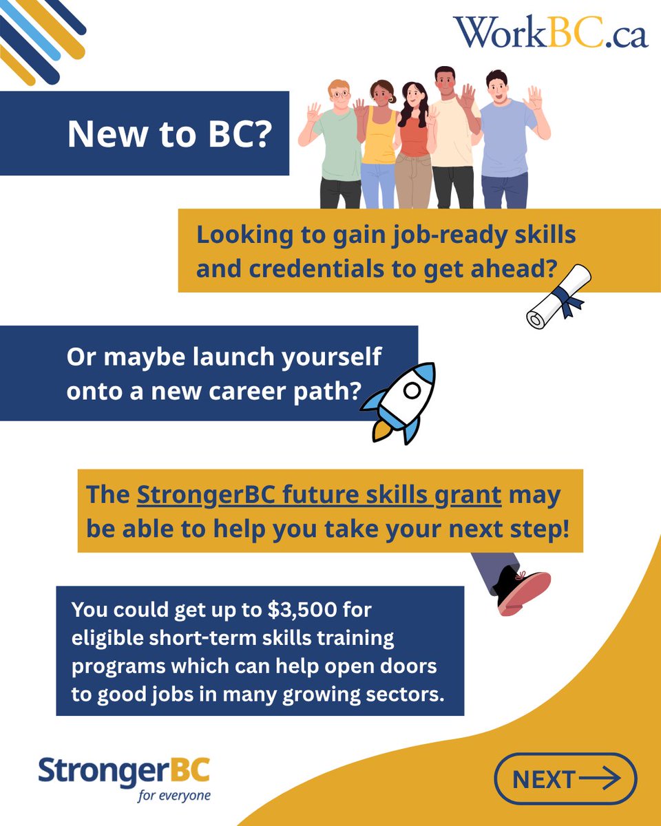 WorkBC's tweet photo. Are you a new resident of BC? 🏡

You could be eligible for the StrongerBC future skills grant! Learn how you can get up to $3,500 for short-term skills training programs across a variety of in-demand sectors:

https://t.co/lcwFotLay7

#WorkBC #StrongerBC #FutureSkillsGrant https://t.co/3JUiJ255So