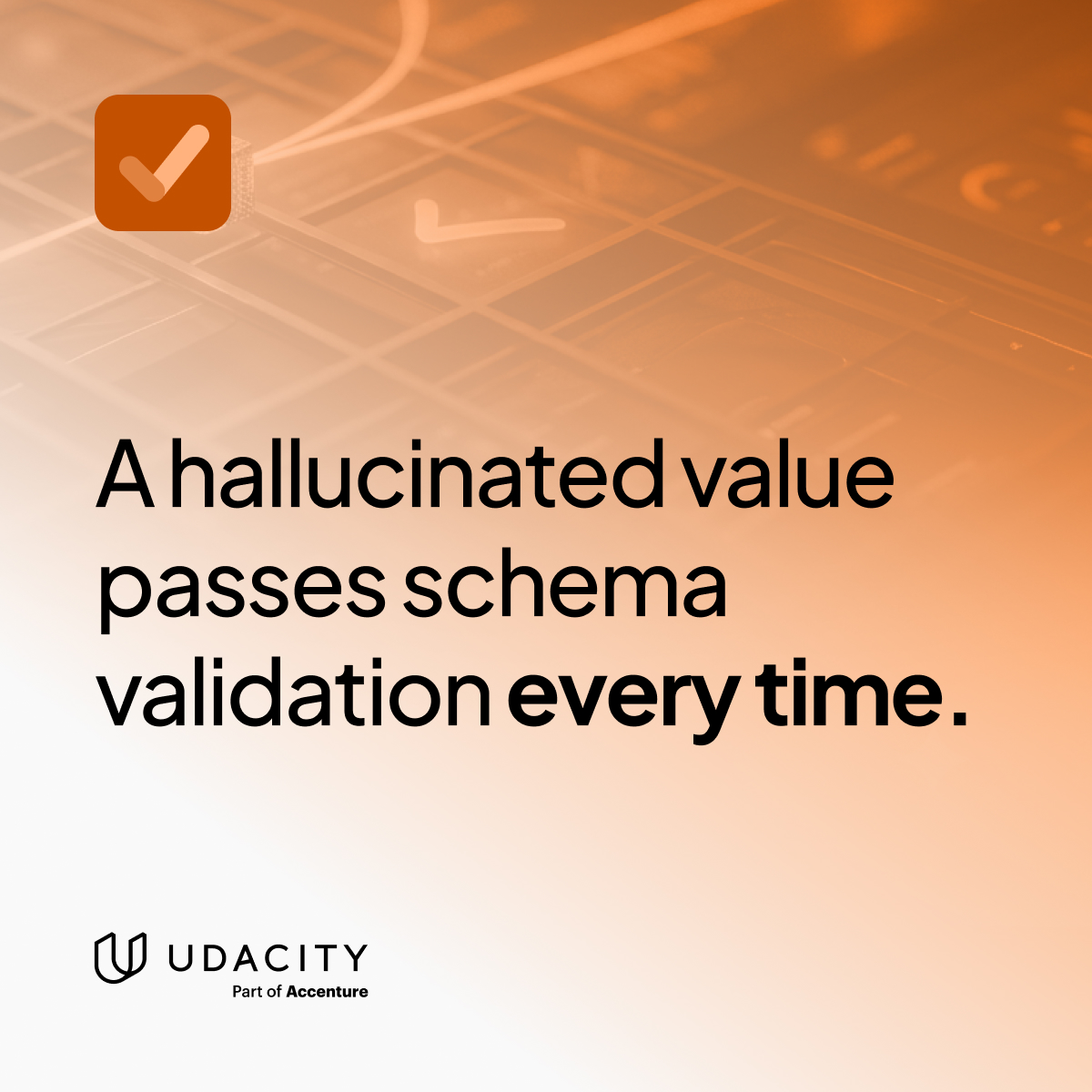 udacity's tweet photo. What's your best defense against an agent inventing data? It isn't the schema: schema validation checks shape, and a hallucinated value has perfect shape.

The agent needed a date, invented one, and the pipeline accepted it, which is how fabricated data spreads through systems that look well defended. The defense is layered: a schema that makes missing data representable, so the model has a legal way to say it doesn't know, plus validation that catches the internal inconsistencies a model smooths over.

That extraction work is part of the evaluation coursework in the new AI Engineering with Claude Nanodegree program.

Learn more about the program: https://t.co/3jTnCROu0n

#AIEngineering #Claude #AgenticAI #StructuredOutputs