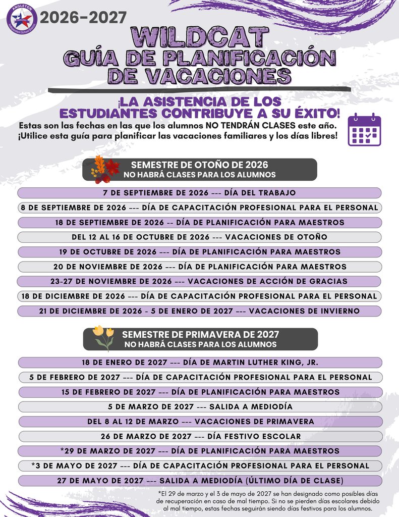 AngletonISD's tweet photo. In Angleton ISD, we know that student attendance contributes to their academic success. We created a Wildcat Vacation Planning Guide to help families prepare for days when students are out of school. We hope this helps make your vacation planning easier. https://t.co/IQndXuK1o1