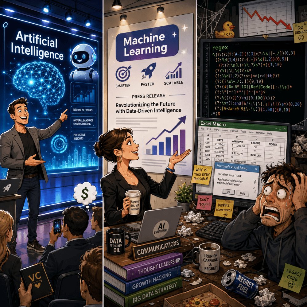 headzoo's tweet photo. In the pitch deck, it’s "Artificial Intelligence." In the press release, it’s "Machine Learning." In the codebase, it’s a terrifying regex and an Excel macro. 📉 https://t.co/P5ByDe6GEV