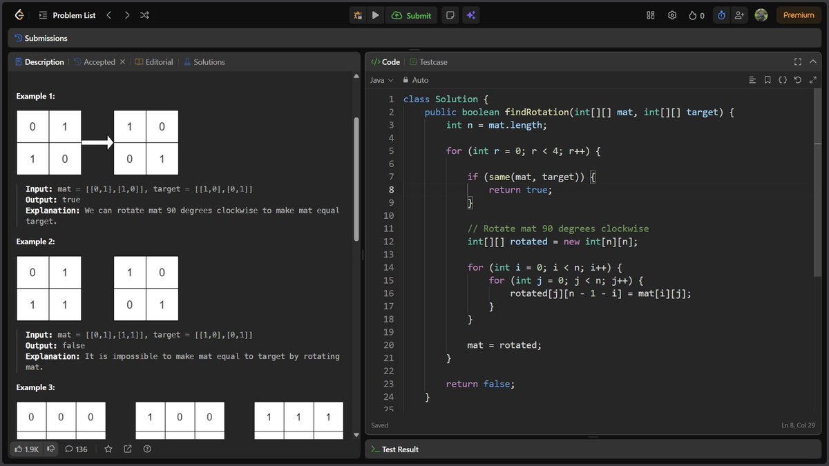 Deo__Ashish's tweet photo. Day 8/100 — #100DaysOfLeetCode 🚀

Solved 2 problems today:

✅ Maximum Population Year
✅ Determine Whether Matrix Can Be Obtained By Rotation
Practiced frequency counting, matrix rotation, and comparing matrices.

8 days down.

#LeetCode #DSA #Java #Coding #100DaysOfCode https://t.co/XT1vTzuun7