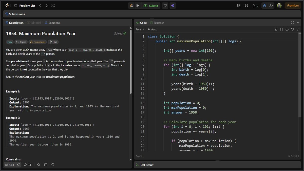 Deo__Ashish's tweet photo. Day 8/100 — #100DaysOfLeetCode 🚀

Solved 2 problems today:

✅ Maximum Population Year
✅ Determine Whether Matrix Can Be Obtained By Rotation
Practiced frequency counting, matrix rotation, and comparing matrices.

8 days down.

#LeetCode #DSA #Java #Coding #100DaysOfCode https://t.co/XT1vTzuun7