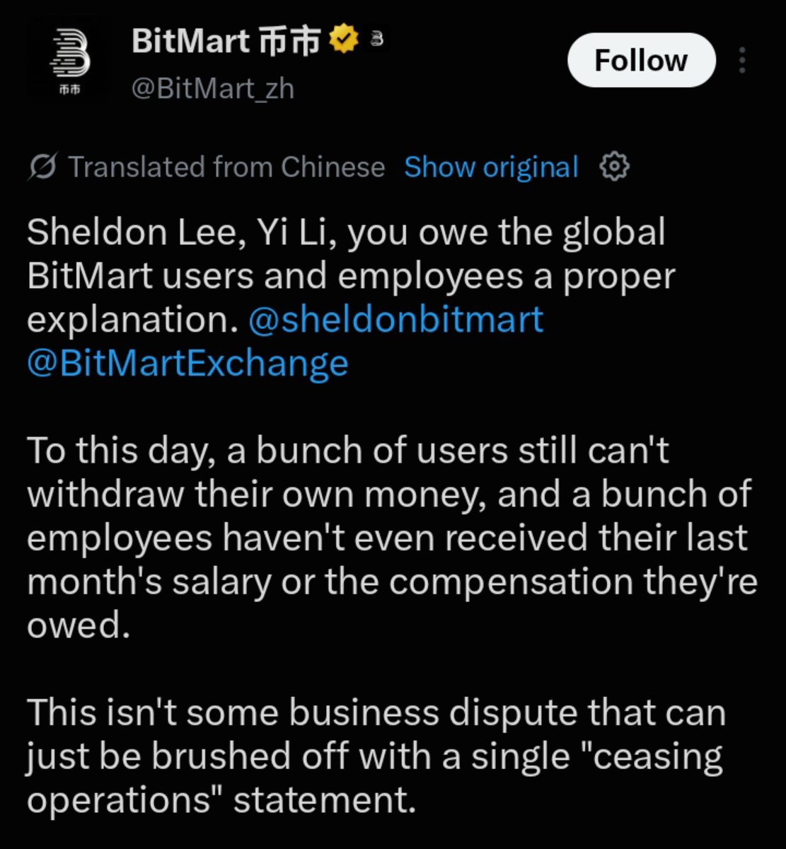 News_Arena_'s tweet photo. Users' funds are still stuck on BitMart.

The deadline for withdrawals is fast approaching, while BitMart's official Chinese account (@BitMart_zh ) is calling out the CEO and demanding answers over the ongoing withdrawal issues.

The CEO, however, claims that the official X Chinese account has been compromised.

But, if the withdrawal deadline elapse, what happens to users who are still unable to withdraw their funds?

This space really needs stronger regulatory bodies and independent organizations that can hold exchanges like this accountable and ensure users get their funds back.