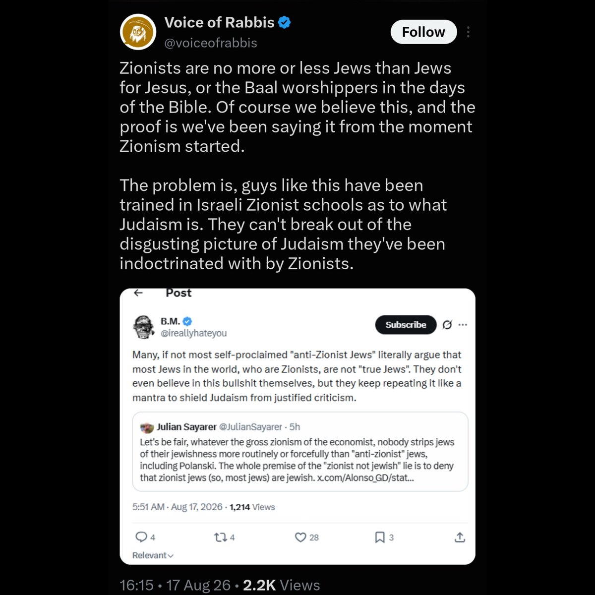 ireallyhateyou's tweet photo. Jewish gaslighting account @voiceofrabbis proves my point. They literally claim that almost all Jews who live today are in fact not Jews. How can anyone even take this seriously?

How does this work in the minds of the Judeophiles who are so focused on uprooting imaginary "antisemitism on the left"? Somehow criticism of Judaism is "antisemitism", but denying the Jewish identity of almost all Jews around the world is not "antisemitism"? The answer is that the word "antisemitism" is merely a weapon, used to defend both Judaism and Zionism.