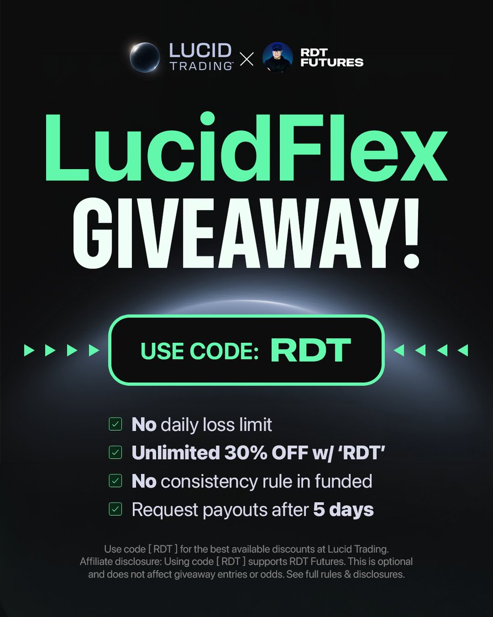 RDTFutures's tweet photo. 🚨 GIVEAWAY: 3 x 50K LucidFlex Evaluation Accounts!

I partnered with Lucid Trading to give away three (3) 50K LucidFlex Accounts to celebrate LucidDaily getting 40% OFF SALE!

👉 Tap the GIVEAWAY LINK IN BIO to enter now!

⚠️ Winner & Anti-Scam Notice: Winners will be drawn and contacted exclusively via outbound email from my official giveaway contact email. I will NEVER DM you on Instagram, Discord, X, or Telegram asking for money, crypto, or account passwords. Any questions or support inquiries must be submitted via a support ticket in my official Discord server.

No purchase necessary. 18+ only. Void where prohibited.