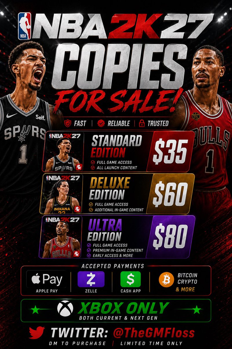 Jarv2k_'s tweet photo. 🚨 NBA 2K27 COPIES AVAILABLE NOW 🚨

Need 2K27 for Xbox? Tap in while copies are still available 🔥

💿 Standard — $35
🏆 Deluxe — $60
💎 Ultra — $80

💳 Apple Pay • Zelle • Cash App
₿ Bitcoin & Crypto Accepted

🎮 XBOX ONLY
⚡ Fast • Reliable • Trusted

📩 DM @TheGMFloss to purchase
LIMITED STOCK — FIRST COME, FIRST SERVED

#NBA2K27 #2K27 #NBA2K #Xbox #XboxSeriesX #XboxGaming #2KCommunity #2K