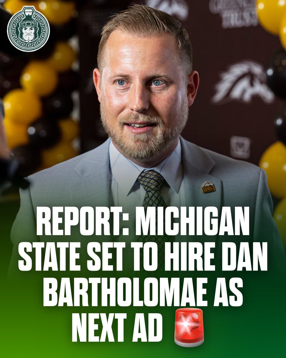 TMSNXELansing's tweet photo. BREAKING: Michigan State is finalizing a deal to hire Western Michigan AD Dan Bartholomae, per ESPN. 🟢⚪️

His WMU tenure included national championship hockey, a MAC football title and record fundraising.

Grade the reported hire. 👇

#GoGreen #MSU https://t.co/y4HmN2tASA
