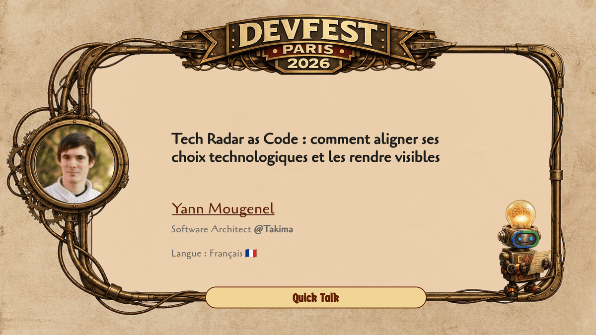 devfestparis's tweet photo. 🧭 Stacks hétérogènes et décisions d'archi implicites ? Yann Mougenel partage son REX sur la mise en place d'un Tech Radar : le construire, le faire vivre, et les pièges à éviter.
📅 27 nov – DevFest Paris
🗣️ Langue : 🇫🇷
🎟️ https://t.co/AFeCHxmbz1 https://t.co/A4EioFwZdW