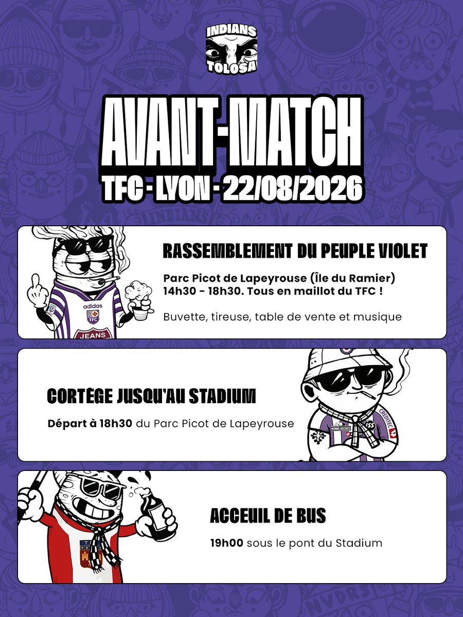 Indians_Tolosa's tweet photo. J-5 avant la reprise !

Samedi, à partir de 14h30, on donne rendez-vous à tout le peuple violet au tout nouveau Parc Picot de Lapeyrouse sur l’île du Ramier.

🍺 Apéro géant
💥 Cortège
🚌 Accueil de bus

Et n’oubliez pas de mettre votre plus beau maillot! https://t.co/frwm3CPSbP