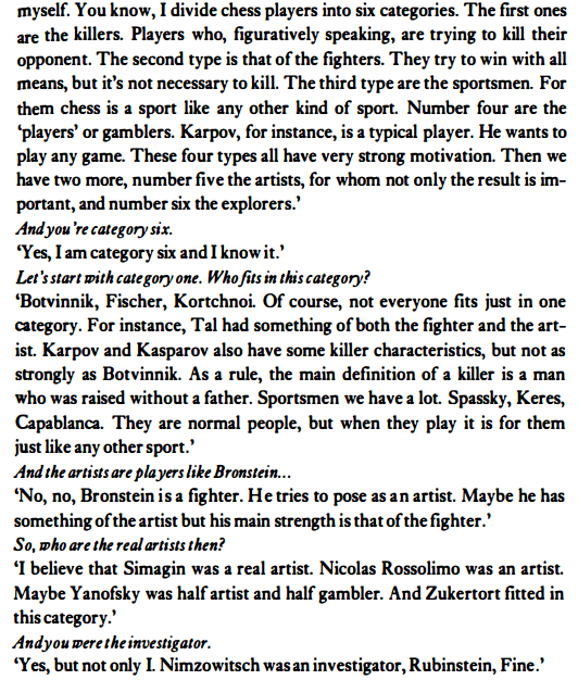 dgriffinchess's tweet photo. Grandmaster &amp; former Soviet champion Yuri Averbakh, talking to Dirk Jan ten Geuzendam of @NewInChess in 1997 about his categorisation of chessplayers as 'killers', 'fighters', 'sportsmen', 'players', 'artists' and/or 'explorers'. https://t.co/lm12eoF10k
