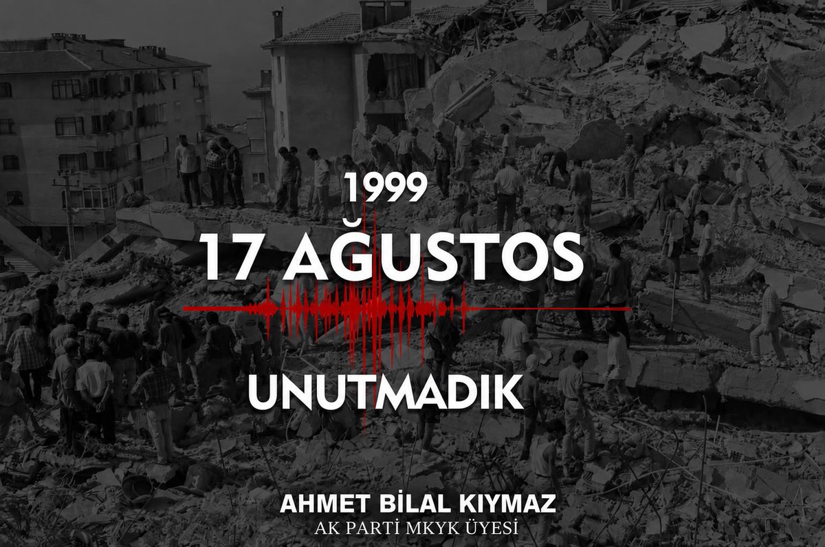 abkiymaz's tweet photo. 17 Ağustos 1999…

Marmara Depremi’nin 27. yılında hayatını kaybeden vatandaşlarımızı rahmetle anıyor, yakınlarına sabır diliyorum.

Acımız hâlâ yüreğimizde. Unutmadık, unutmayacağız.

Rabbim ülkemizi her türlü afet ve felaketten korusun, muhafaza eylesin. 🤲

#17Ağustos1999 #MarmaraDepremi