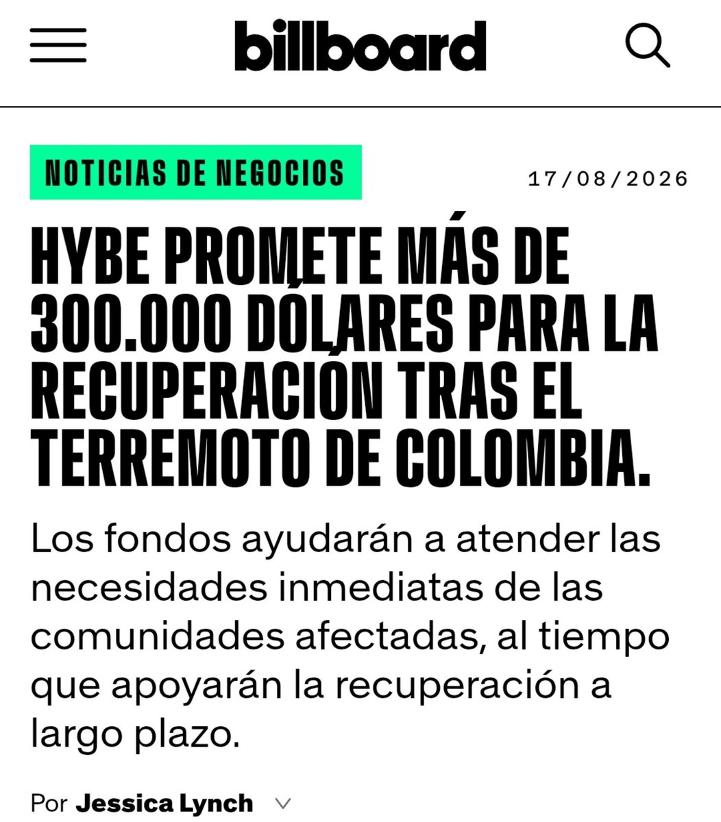 ARMYBogotaCol's tweet photo. 🇨🇴💜 HYBE se suma a la ayuda para Colombia

De acuerdo con Billboard, HYBE realizará una donación de más de 1.000 millones de pesos colombianos (aprox. US$300.000) para apoyar las labores de ayuda y recuperación tras el terremoto que afectó a Colombia.

La contribución, realizada a través de HYBE America, será coordinada por Fundación Ábaco, organización colombiana que trabaja en la atención de comunidades afectadas por emergencias y crisis humanitarias.

Los recursos estarán destinados a atender las necesidades inmediatas de las comunidades afectadas y contribuir a su proceso de recuperación. 🇨🇴🤝

🔗 Fuente: Billboard
https://t.co/fkczTCSz0Z