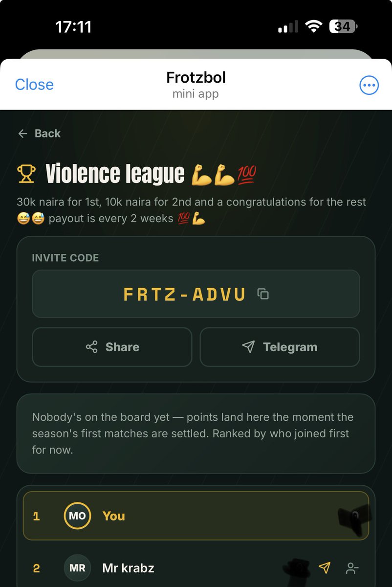rabolutionltd's tweet photo. Join my TG Frotzbol mini league. it’s the most interesting mini league 

Invite code: FRTZ-ADVU
https://t.co/YpO6B8s6z0

30k for 1st
10k for 2nd
3rd gets a congratulations 😅
Evry 2 wks

Joining is completely free, just make sure you are following me, repost and comment “i am in” https://t.co/5ZIPGvfrYj