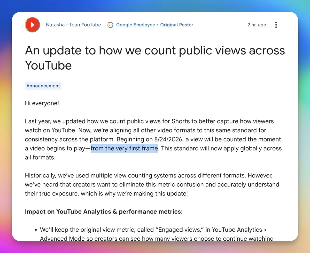 YouTube announcement that public views will count from the very first frame starting August 24, 2026