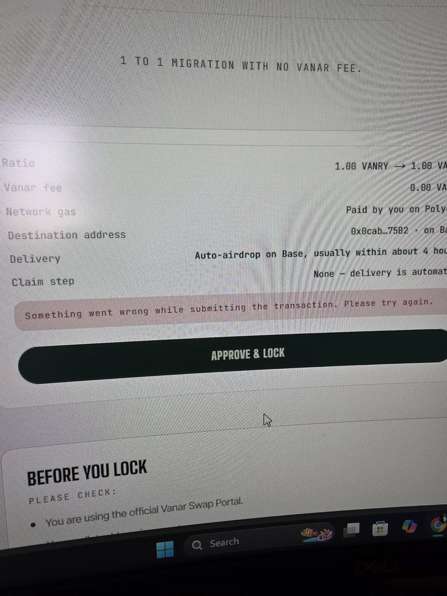 GusDaDinosaur's tweet photo. @Vanarchain Thanks! Im a step away from locking my tokent to base, this error keeps popping whenever i press Approve &amp; lock.. ( i think i followed every step on guide) https://t.co/jR4jCC3mXj
